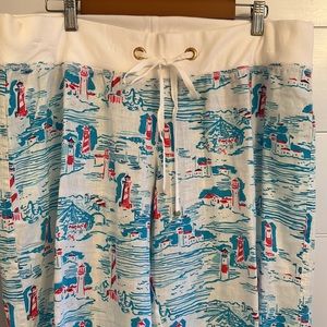 Lilly Pulitzer Watch Out Lighthouse Print Linen Drawstring Beach Pants Size XL